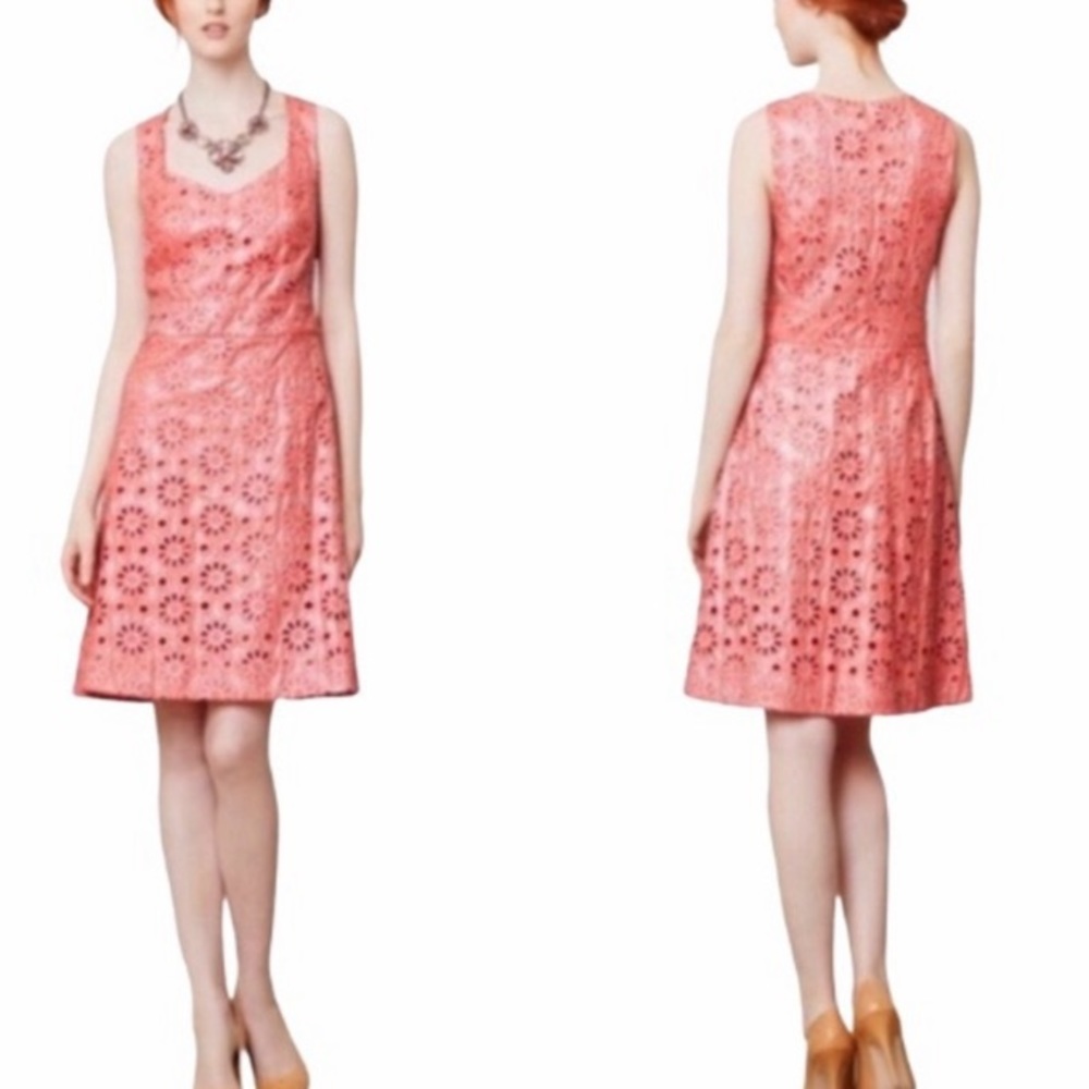 Maeve Anthropologie Coral Shine Silver Eyelet Lace Fit & Flare Dress - 4